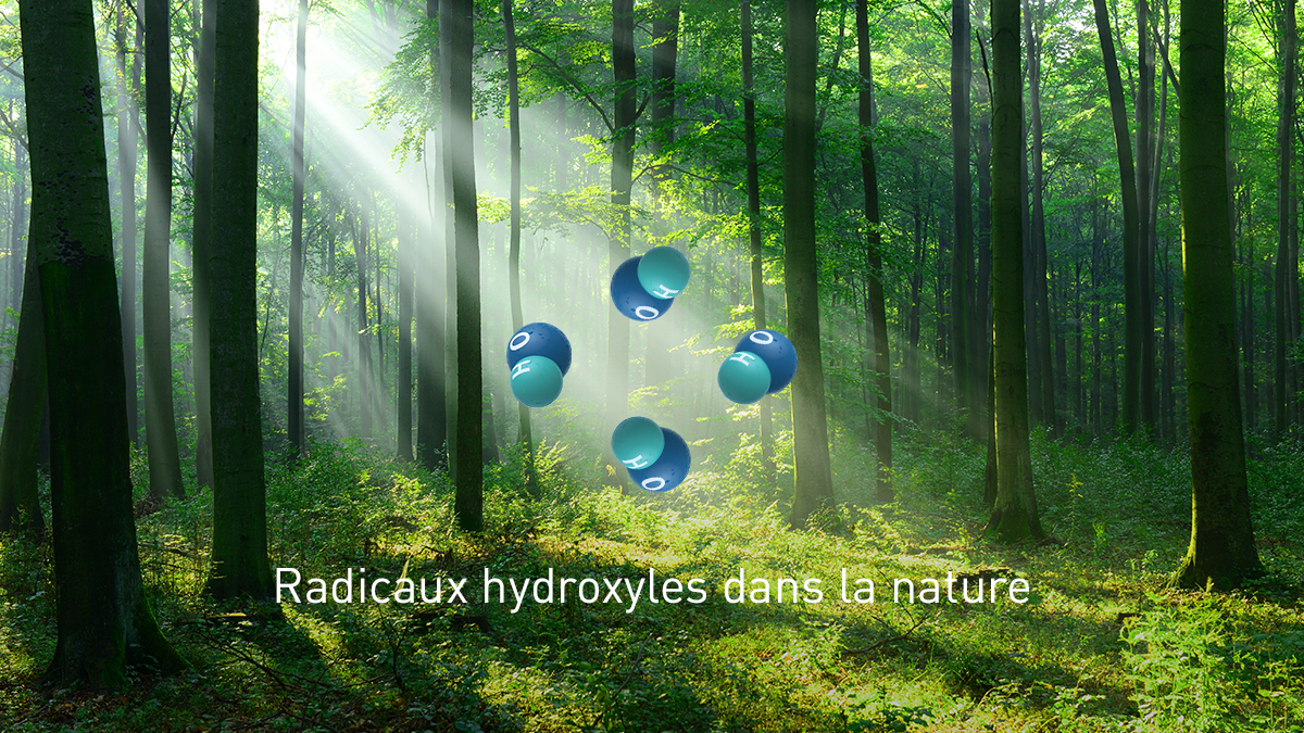 Une image montrant que nanoe™ X consiste en des radicaux hydroxyles contenus dans de l'eau